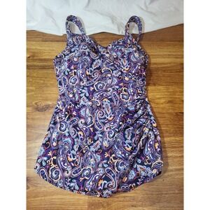 Lands' End Long Slender V-Neck Skirted One Piece Swimsuit Size 10 Purple Paisley
